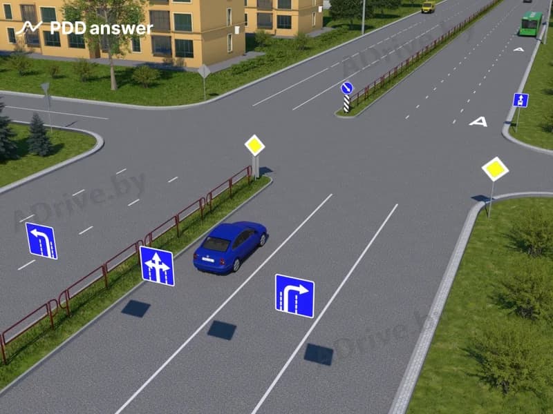 В каких направлениях разрешено продолжить движение водителю синего легкового автомобиля?