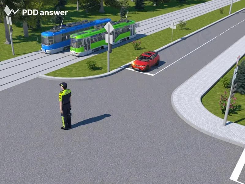 Как в показанной ситуации должен поступить водитель красного легкового автомобиля?