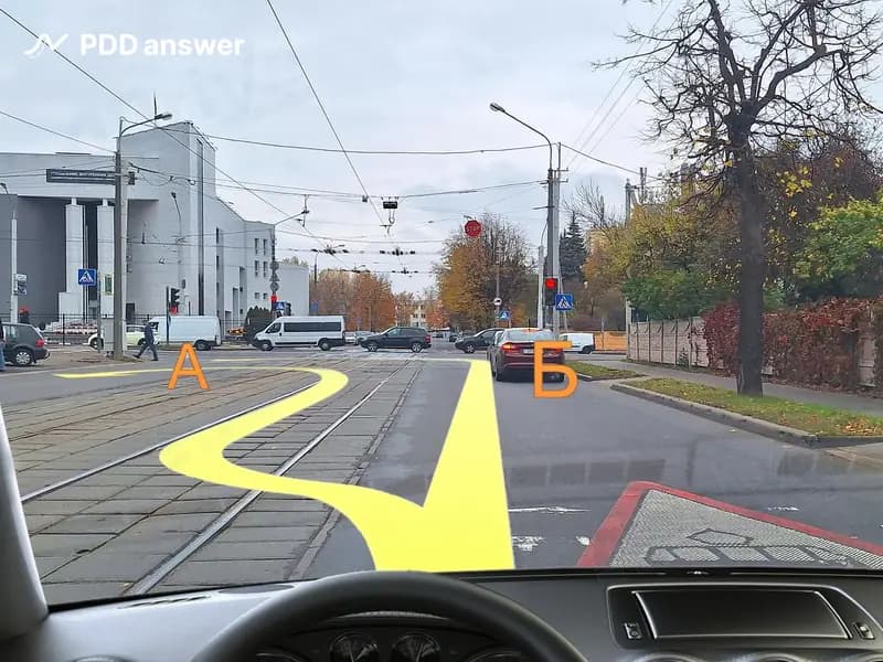 По какой траектории Вам разрешено выполнить разворот при включении разрешающего сигнала светофора?