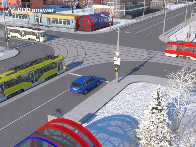 В показанной ситуации (на светофоре включён жёлтый мигающий сигнал) при движении прямо водитель легкового автомобиля: