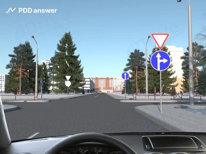 В каких направлениях из перечисленных Вам, управляя легковым автомобилем, разрешено продолжить движение в показанной ситуации?