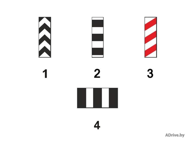 Под каким номером на рисунке показана вертикальная дорожная разметка, которая согласно Правилам дорожного движения предназначена для обозначения вертикальных элементов дорожных сооружений, если эти элементы представляют опасность для движения транспортных средств?