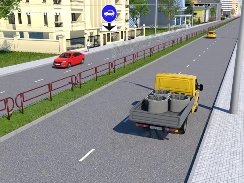 По какой полосе движения водителю грузового автомобиля с технически допустимой общей массой не более 3.5 тонны разрешено продолжать движение в населённом пункте?