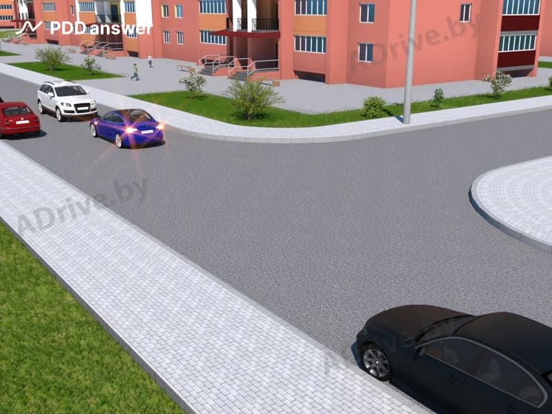 Нарушит ли Правила дорожного движения водитель синего легкового автомобиля, двигаясь задним ходом в случае затруднённого встречного разъезда на дворовой территории, прилегающей к жилой застройке?