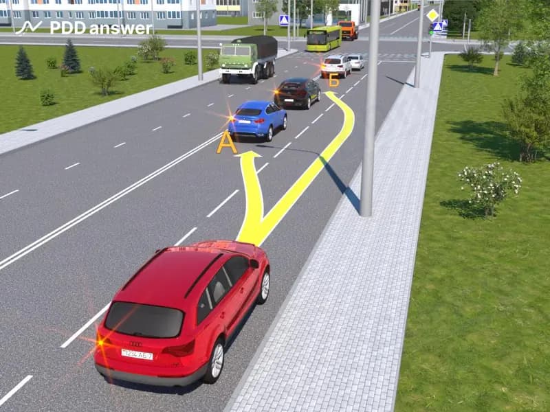 Водителю красного легкового автомобиля необходимо повернуть налево. По какой траектории ему следует перестроиться на крайнюю левую полосу движения?