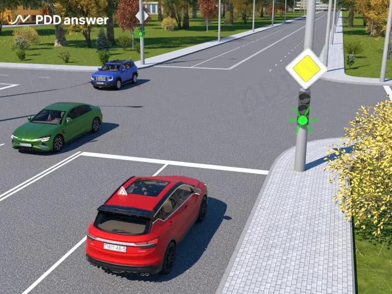 Требуется ли остановиться перед «Стоп-линией» в показанной ситуации, если зелёный сигнал светофора сменился на зелёный мигающий?