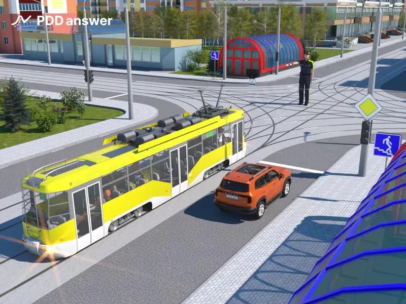 Как следует поступить водителю легкового автомобиля, намеревающемуся продолжить движение прямо, при таком сигнале регулировщика?