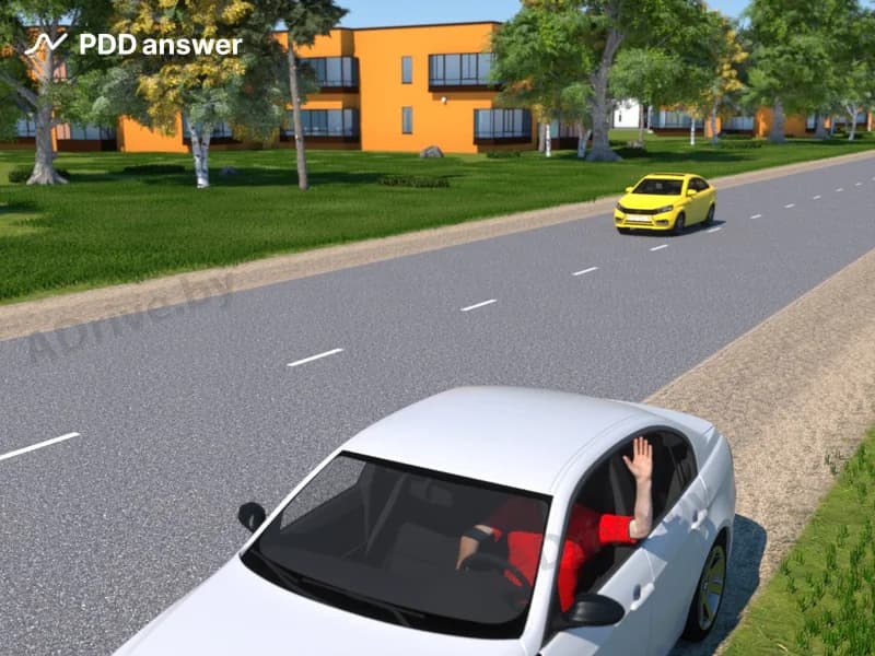 Как водителю жёлтого автомобиля расценить жест, подаваемый водителем белого автомобиля?