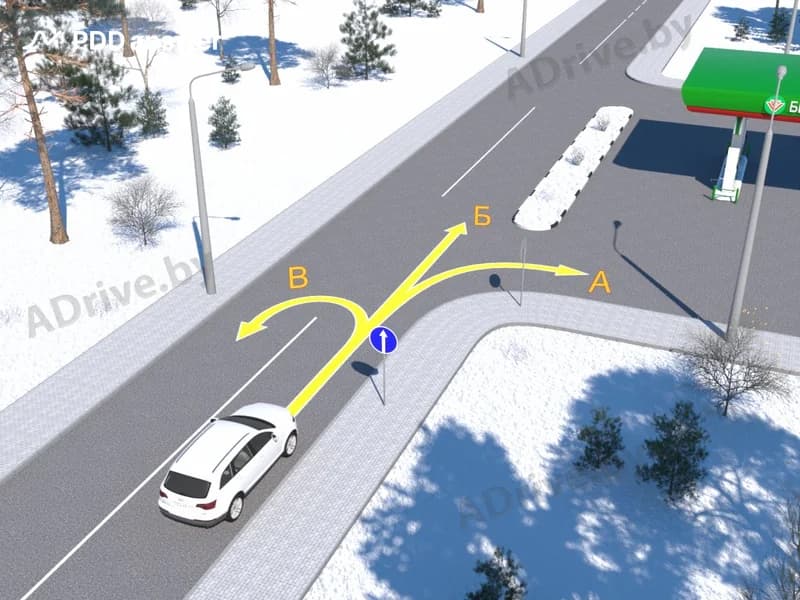 По какой из показанных на рисунке траекторий водителю белого автомобиля разрешено продолжить движение?