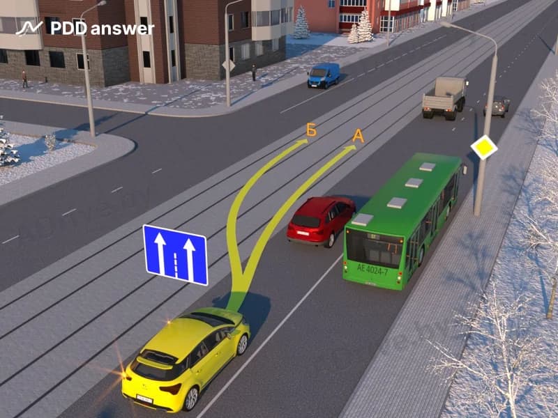По какой из показанных траекторий разрешается выполнить опережение водителю жёлтого легкового автомобиля?