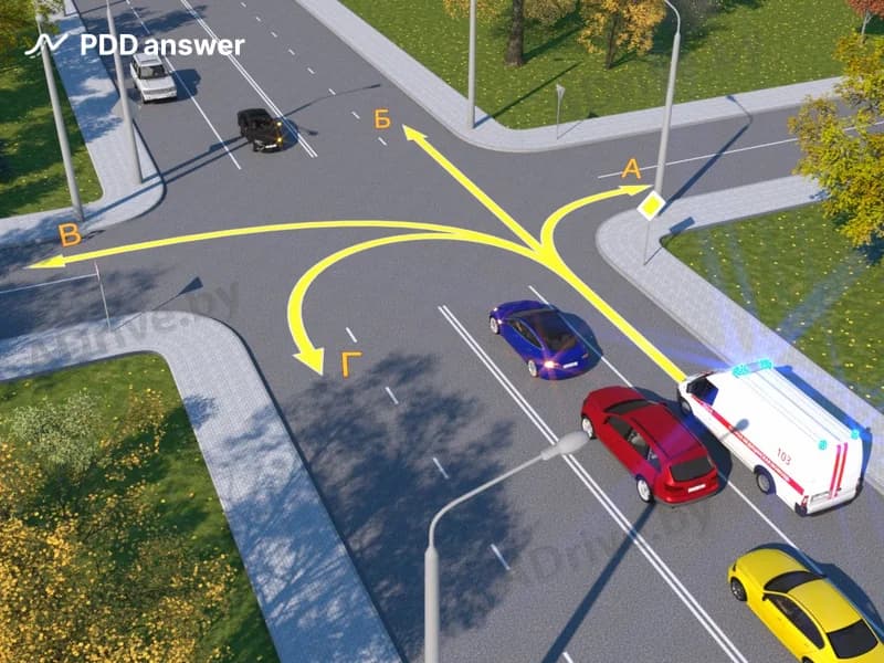 В каких направлениях из показанных стрелками водителю автомобиля скорой медицинской помощи разрешается продолжить движение?