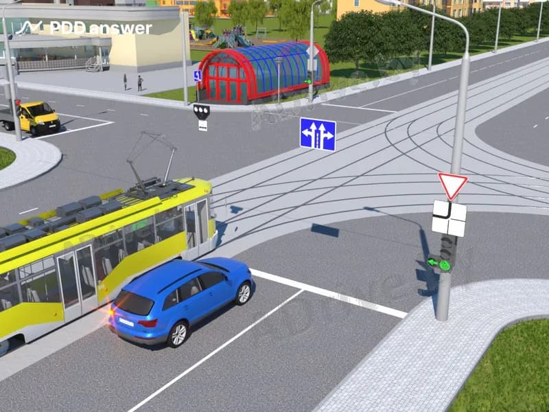 Как в показанной ситуации должен поступить водитель синего легкового автомобиля?