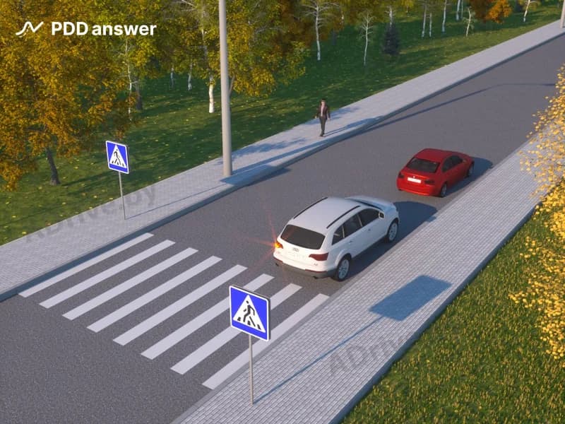 Нарушит ли Правила дорожного движения водитель белого автомобиля, приступив к выполнению обгона сразу после проезда пешеходного перехода?