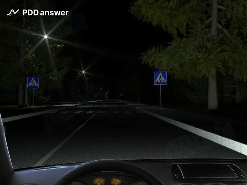 Чем в первую очередь опасно движение на показанном участке дороги в тёмное время суток при неравномерном освещении проезжей части дороги из-за разросшихся крон деревьев?