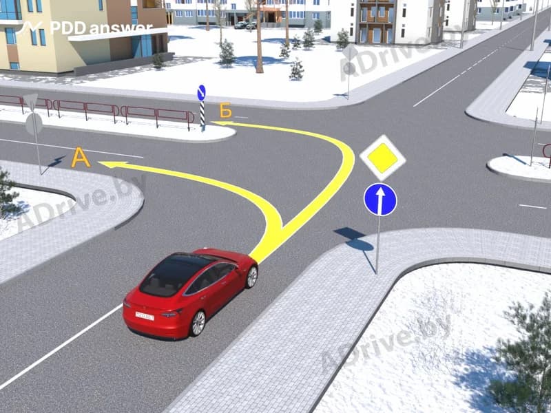 Разрешено ли водителю красного легкового автомобиля продолжить движение по показанным на рисунке траекториям?