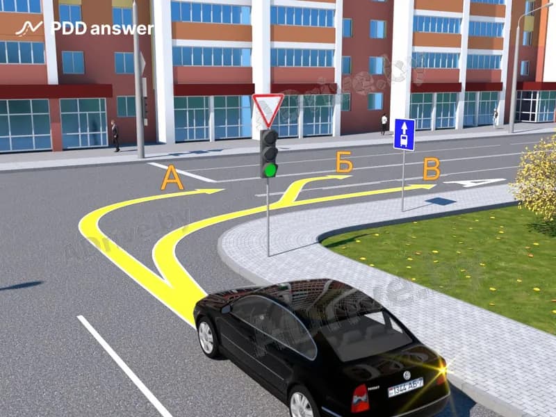 По каким из показанных траекторий разрешено двигаться водителю чёрного автомобиля, приводимого в движение двигателем внутреннего сгорания, выполняя поворот направо в показанной ситуации?