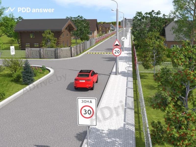 С какой максимальной скоростью разрешено движение водителю легкового автомобиля при движении прямо после проезда искусственной неровности?