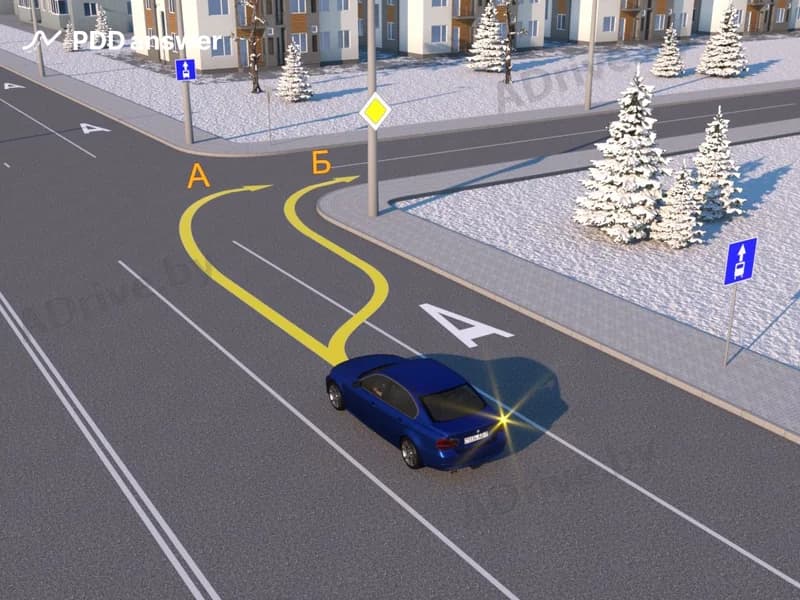 По какой из указанных траекторий водителю синего автомобиля разрешено повернуть направо?