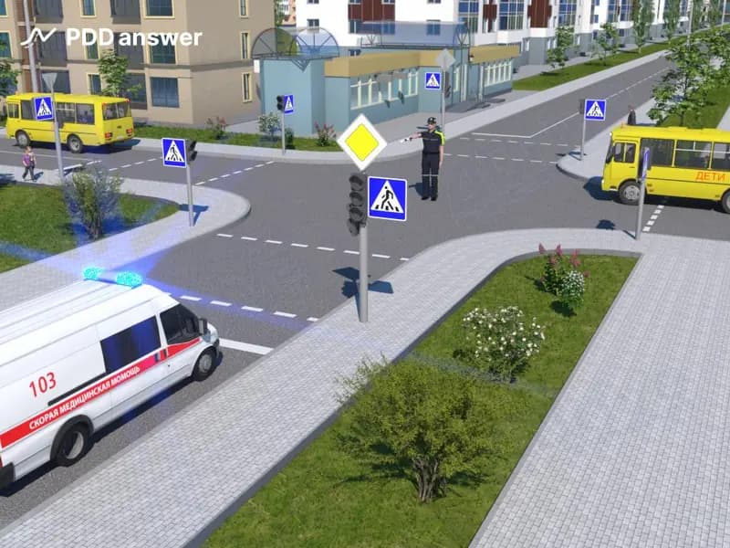 Разрешено ли водителю скорой медицинской помощи проехать перекрёсток в прямом направлении в показанной ситуации?