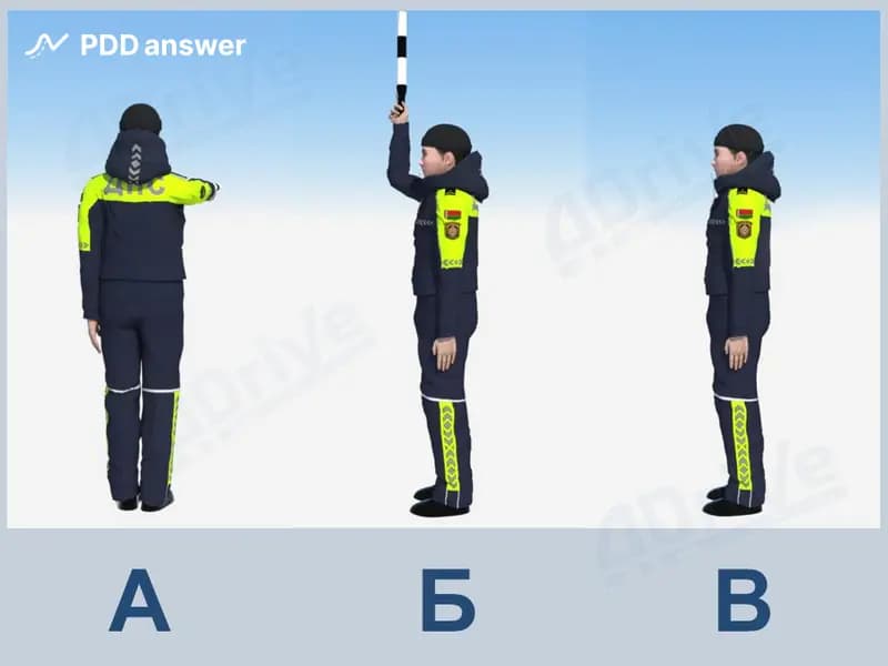 Какие из показанных сигналов регулировщика, учитывая его положение, не запрещают транспортным средствам (за исключением трамваев) поворот направо?