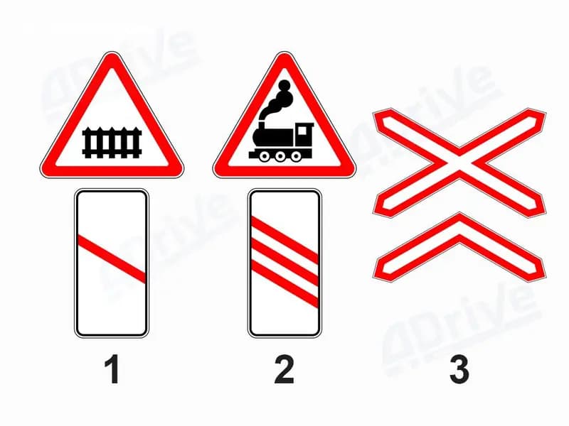 Какой цифрой на рисунке указан дорожный знак (сочетание дорожных знаков), устанавливающийся непосредственно перед железнодорожным переездом?