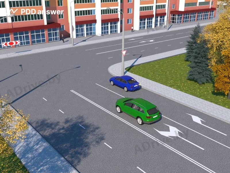 В каких направлениях разрешено продолжить движение водителю зелёного автомобиля?