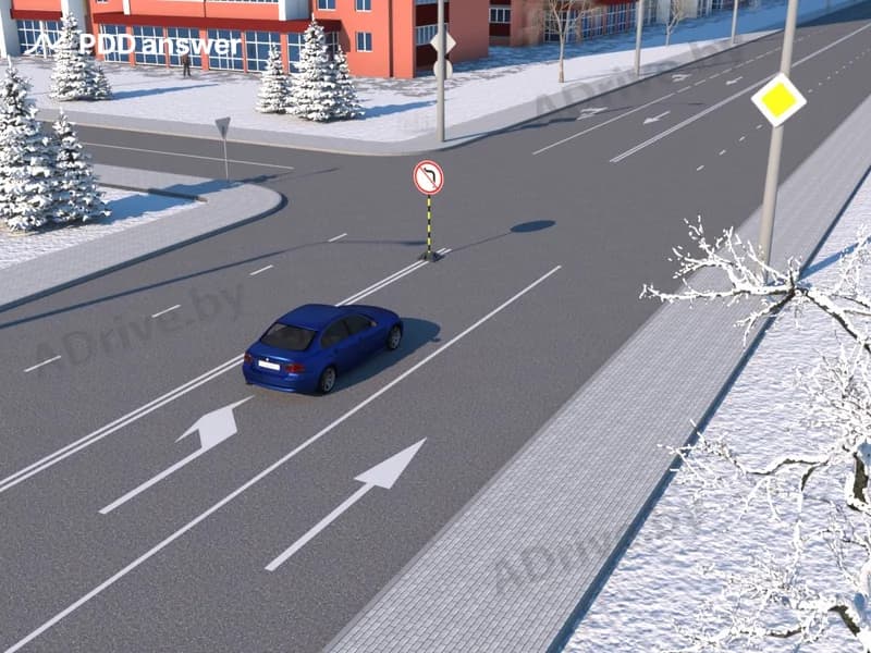 В каком направлении в показанной ситуации разрешено продолжить движение водителю синего легкового автомобиля?