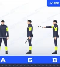 Какие из показанных сигналов регулировщика, учитывая его положение, не запрещают транспортным средствам (за исключением трамваев) поворот направо?