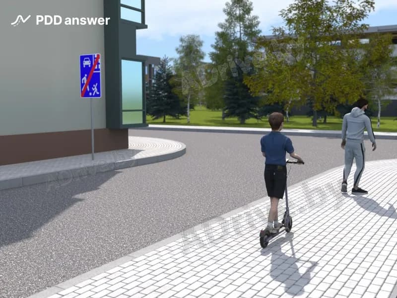 Разрешается ли продолжить движение прямо на средстве персональной мобильности ребёнку в возрасте до 14 лет по тротуару в показанной ситуации?