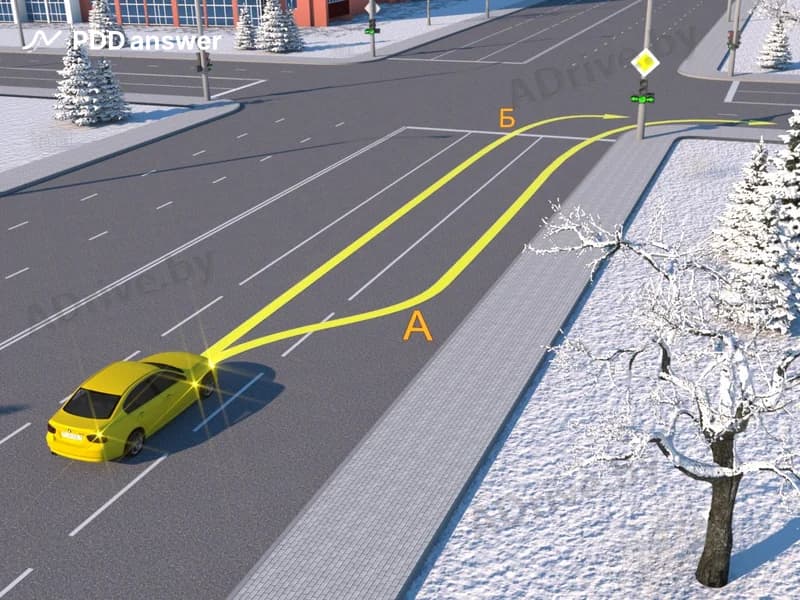 По какой траектории водителю жёлтого автомобиля разрешается повернуть направо?