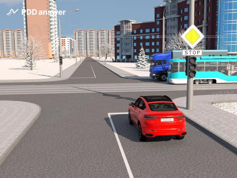 Водитель легкового автомобиля, намеревающийся продолжить движение прямо в показанной ситуации, при неработающем светофоре: