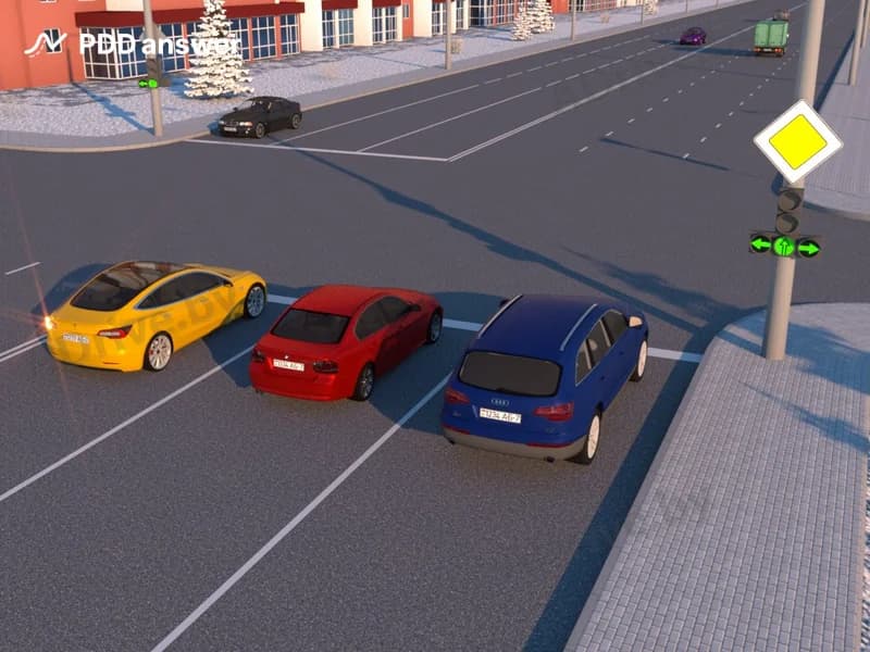 Какие из легковых автомобилей могут продолжить движение через перекрёсток в показанной ситуации при таком сигнале светофора?