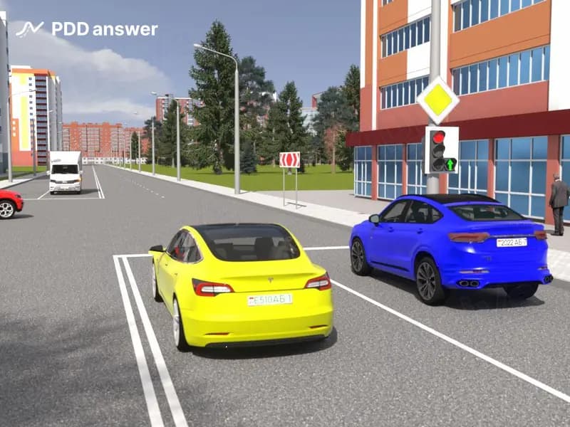 Разрешено ли водителю жёлтого легкового автомобиля продолжить движение в показанной ситуации?