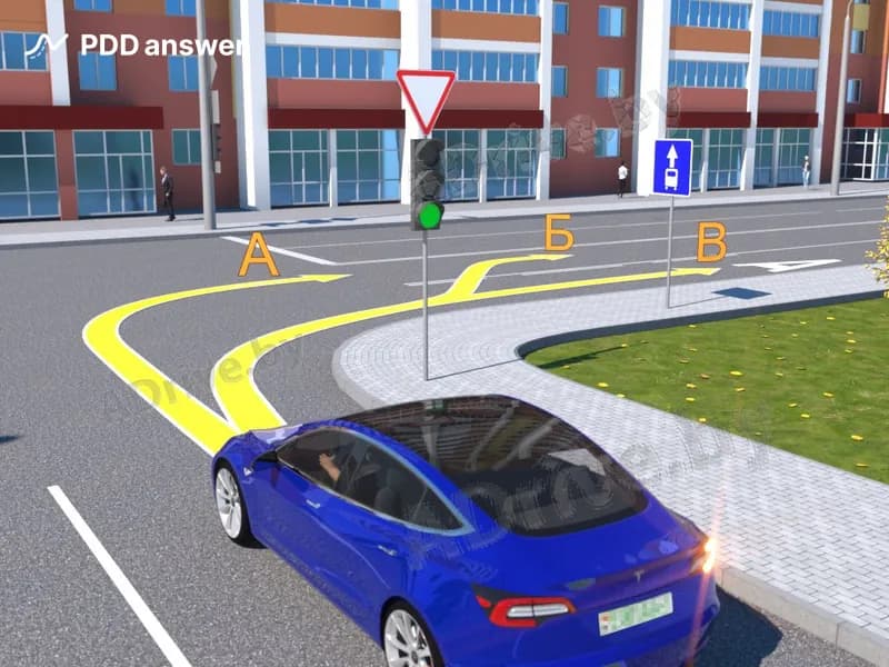 По каким из показанных траекторий разрешено двигаться водителю электромобиля, выполняя поворот направо в показанной ситуации?