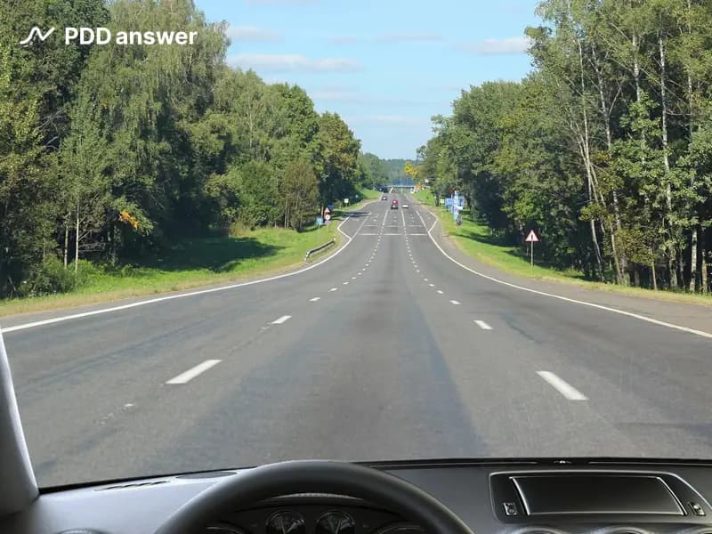 Вы завершили опережение. Какую из полос движения Вам разрешено занимать для движения прямо вне населённого пункта на дороге с односторонним движением в показанной ситуации?