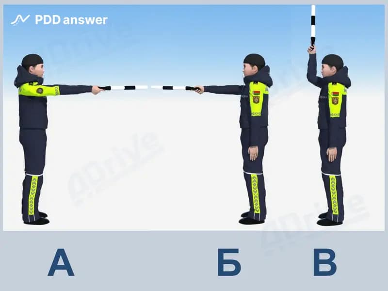 Какие из показанных сигналов регулировщика, учитывая его положение, не запрещают транспортным средствам (за исключением трамваев) поворот налево и разворот?