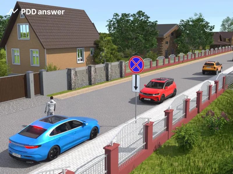 Водитель голубого автомобиля остановился в показанном месте, чтобы открыть ворота для заезда во двор своего дома. Нарушил ли он Правила дорожного движения?