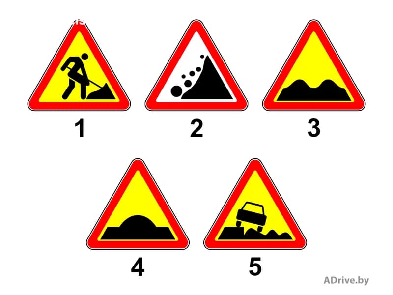 Какой из показанных на рисунке дорожных знаков информирует водителей о приближении к участку дороги с неровностями на проезжей части (волнами, наплывами, гребёнкой)?
