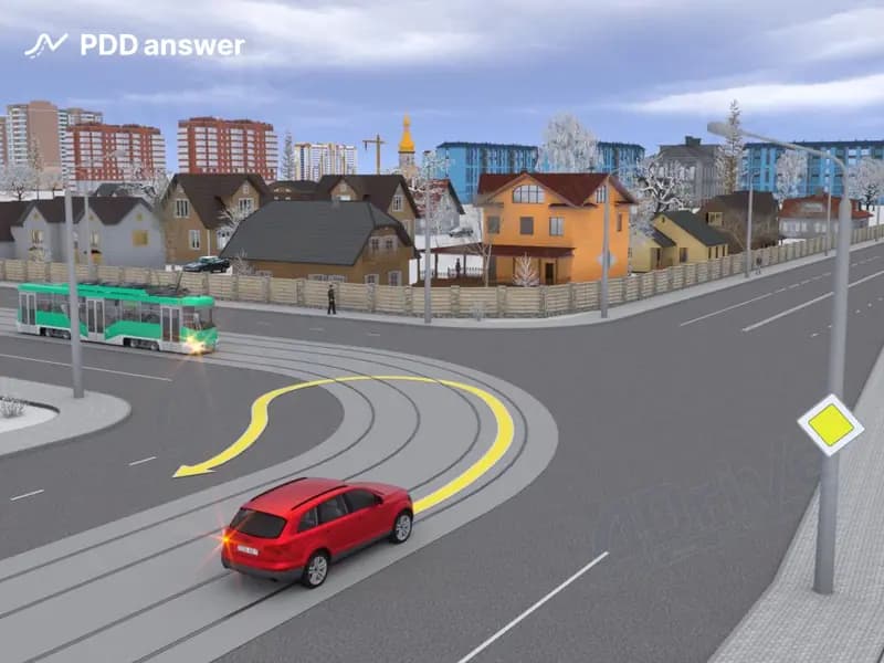 Обязан ли водитель легкового автомобиля в показанной ситуации, выполняя разворот, уступить дорогу трамваю?