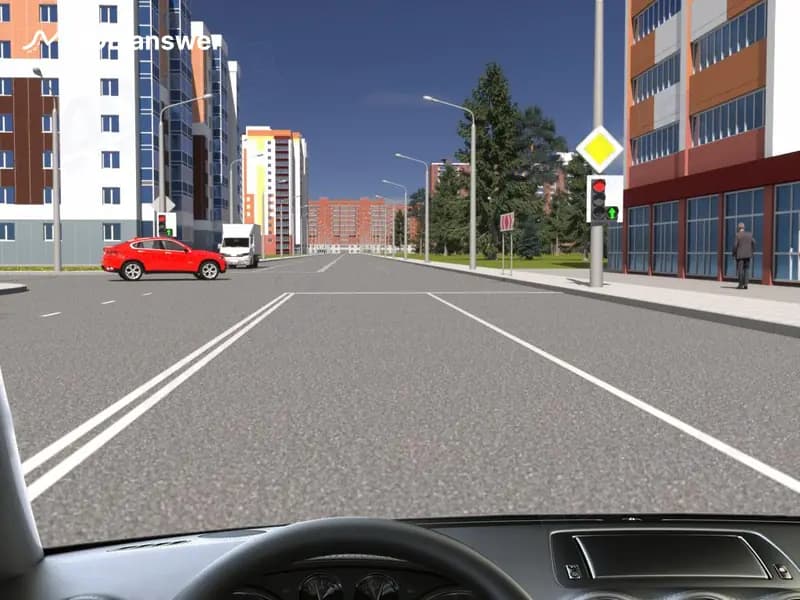 В показанной ситуации Вы намерены продолжить движение прямо. Обязаны ли Вы при этом уступить дорогу легковому автомобилю?