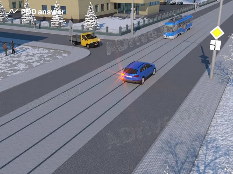 Как должен поступить в показанной ситуации водитель легкового автомобиля, намереваясь повернуть на перекрёстке налево?