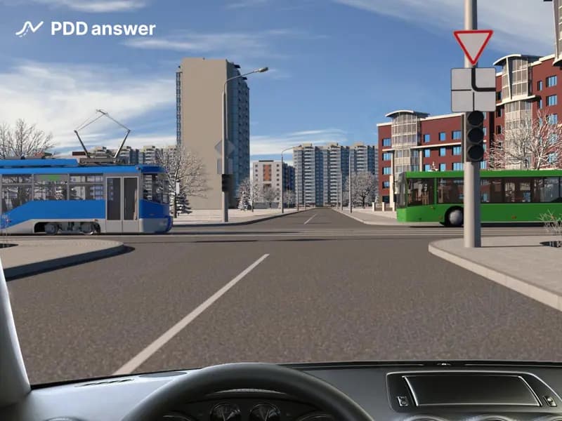 Установленные на перекрёстке светофоры не работают. Как Вы должны поступить в показанной ситуации, намереваясь продолжить движение прямо?