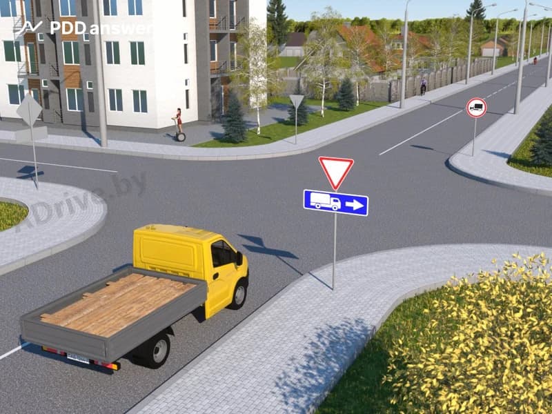 В каких направлениях разрешено продолжить движение водителю грузового автомобиля с технически допустимой общей массой не более 3.5 тонны?