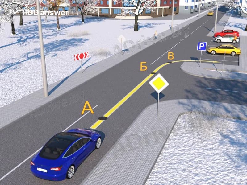 В какой из указанных точек водитель синего автомобиля должен подать сигнал световыми указателями правого поворота?