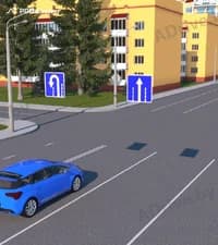 В каких направлениях разрешено продолжить движение водителю синего легкового автомобиля в показанной ситуации?