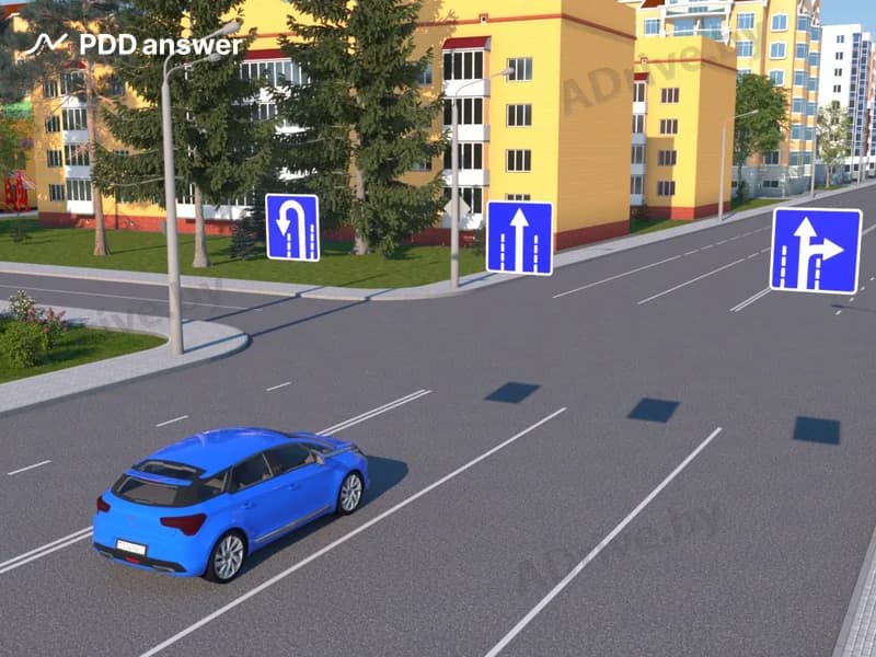 В каких направлениях разрешено продолжить движение водителю синего легкового автомобиля в показанной ситуации?