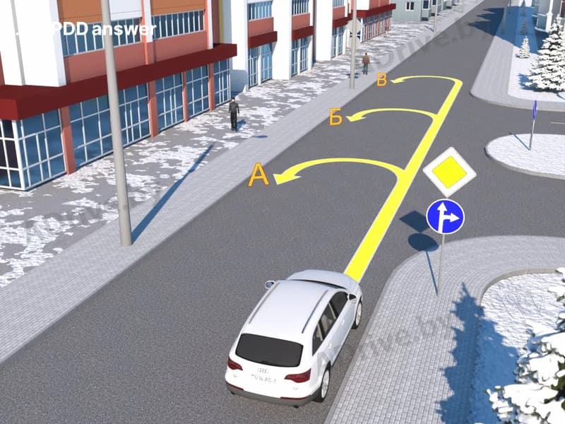 По какой из показанных на рисунке траекторий водителю белого автомобиля разрешено совершить разворот?