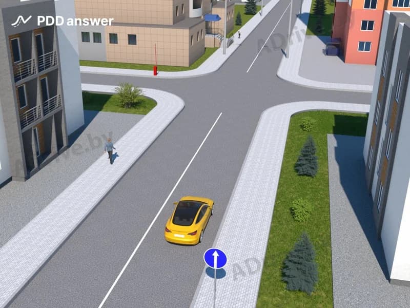 Разрешается ли водителю жёлтого легкового автомобиля повернуть на дворовую территорию после проезда показанного на рисунке дорожного знака, установленного за предыдущим перекрёстком?