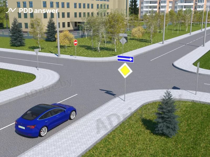 В каких направлениях разрешено продолжить движение водителю синего легкового автомобиля в показанной ситуации?