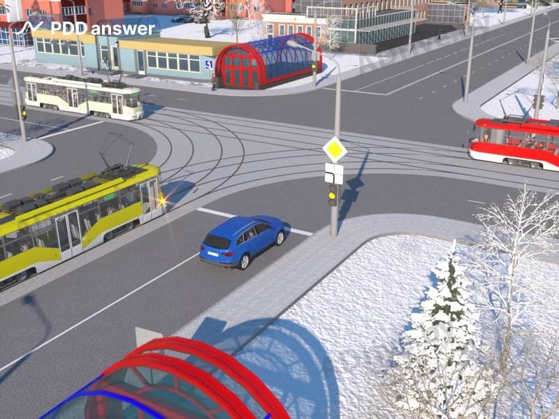 В показанной ситуации (на светофоре включён жёлтый мигающий сигнал) при движении прямо водитель легкового автомобиля: